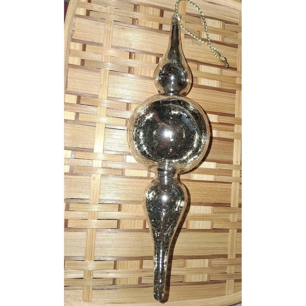 Vintage Mercury Glass Finial Christmas Ornament Silver Double Reflector Drop 9.5